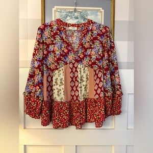 Umgee Floral Bohemian Patchwork Top - Red and Purple Size Medium